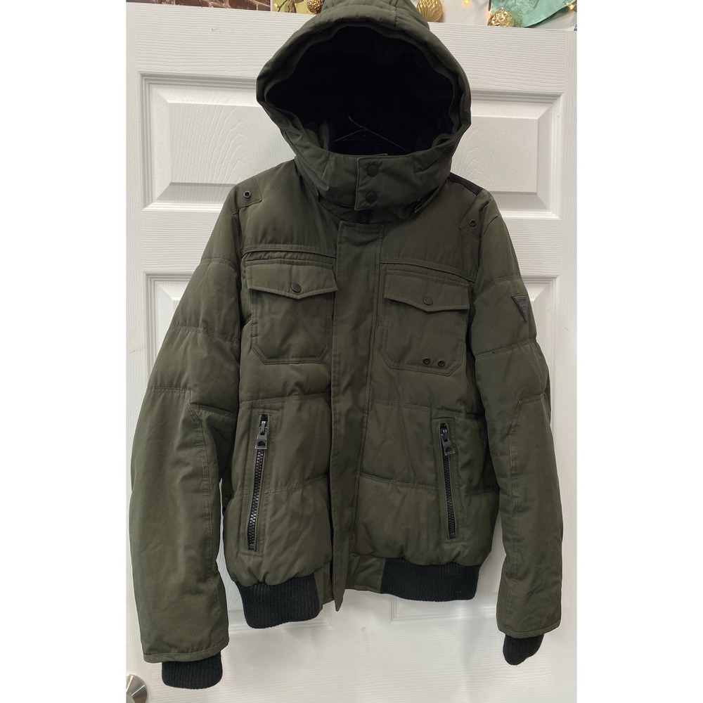 Guess Men's Bomber Jacket with Removable Hooded Inset  Olive green medium